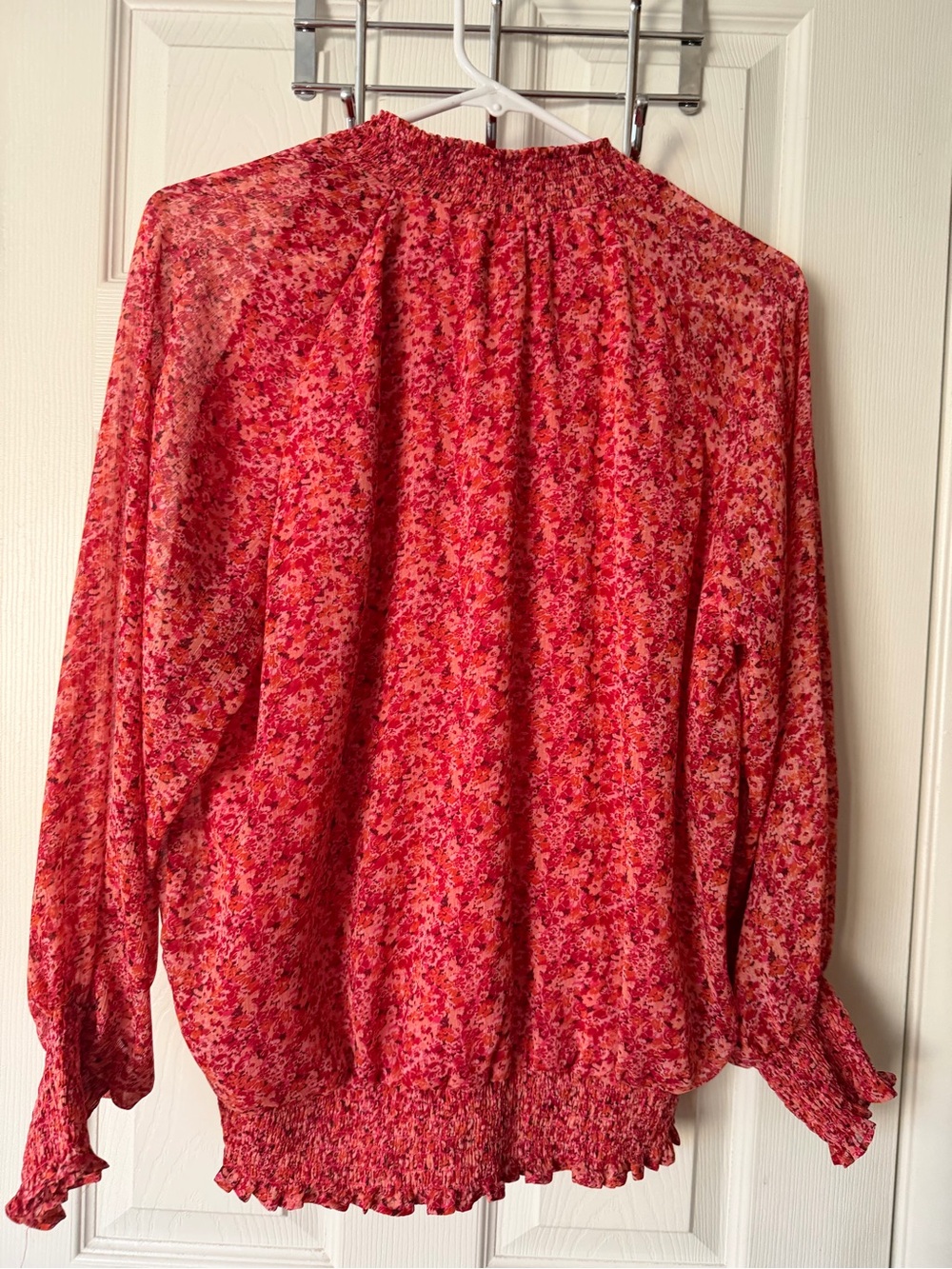 CeCe Pink Multi Floral Smocked-Hem V-Neck Blouse - Picture 4 of 4